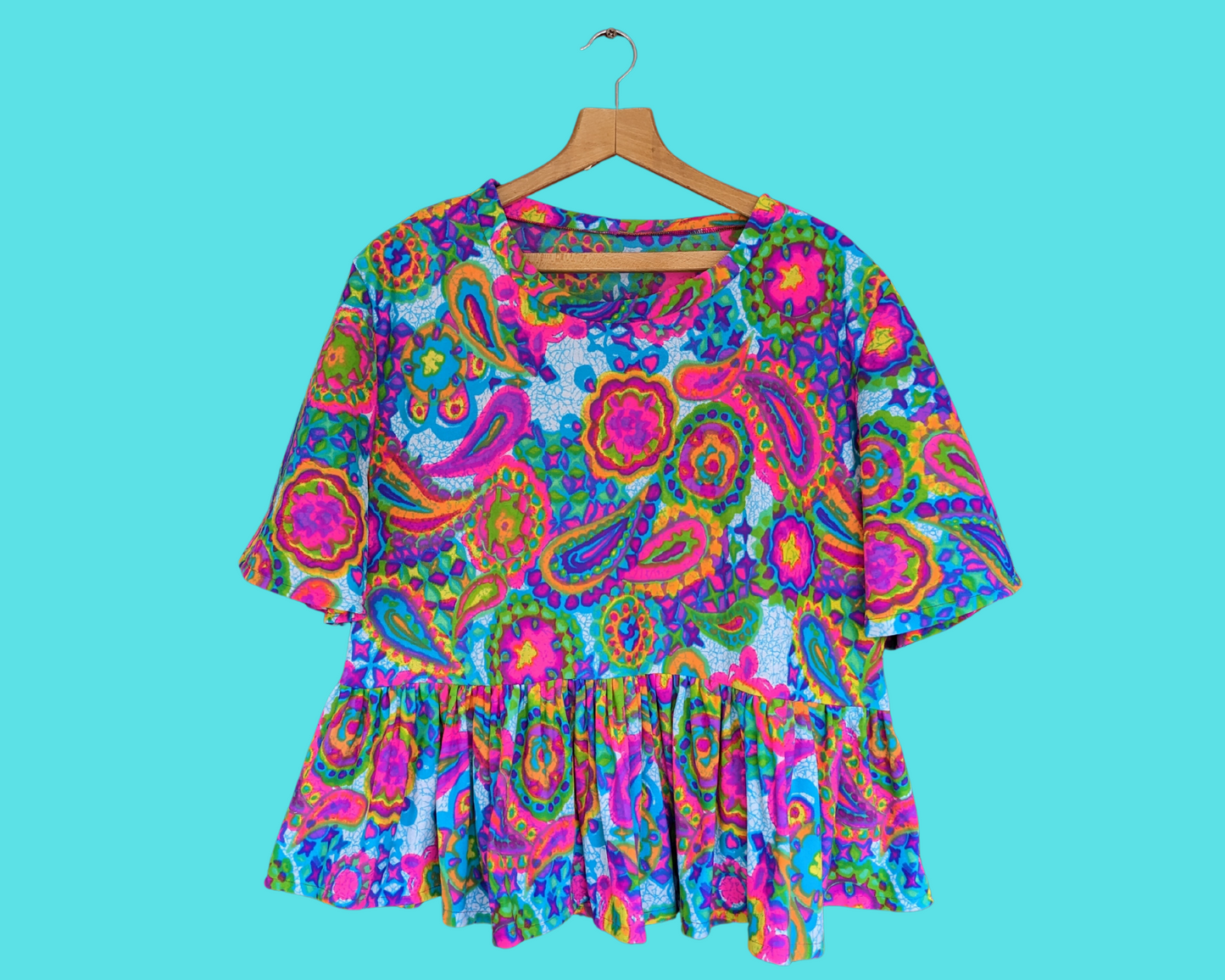 Handmade, Upcycled Vintage 1960's Inspired Rainbow, Psychedelic Polyester Blouse Size 2XL