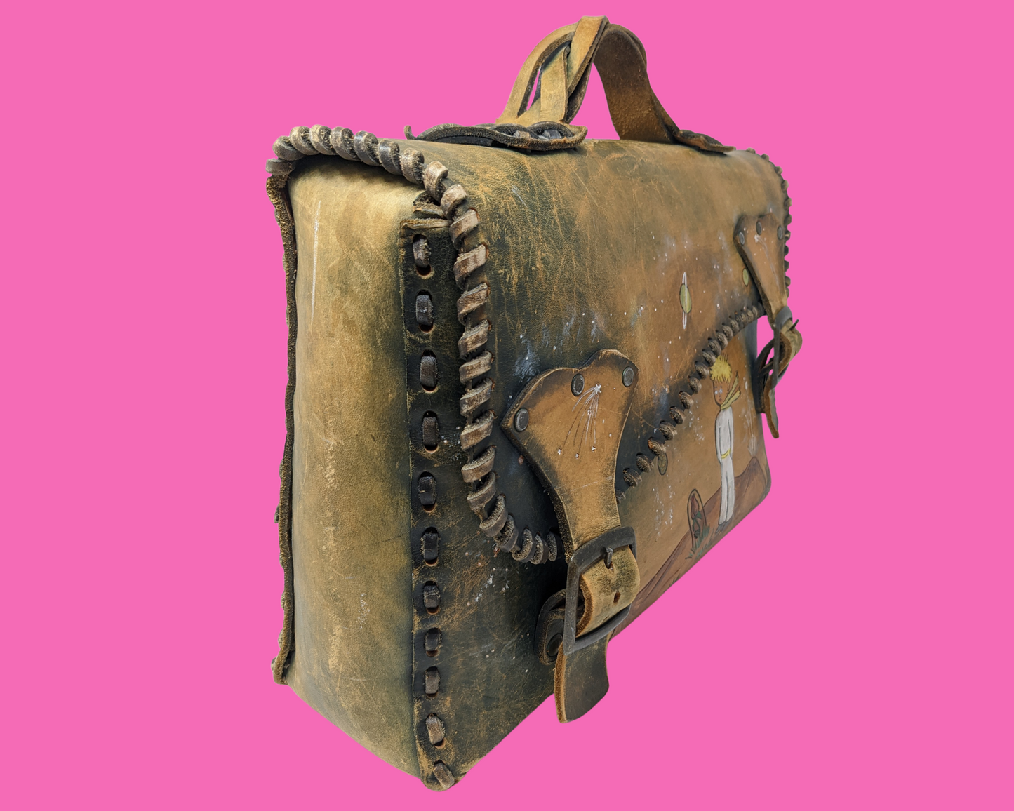 Vintage 1970's Genuine Leather Messenger Bag with Hand Carved Illustration of Le Petit Prince (The Little Prince) from Antoine de Saint-Exupéry