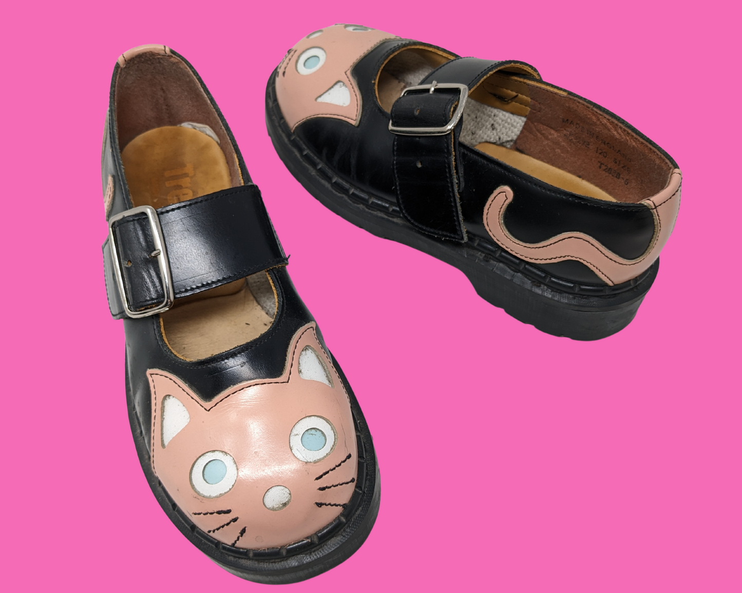 Vintage 1990's Tredair England Pink and Black Leather Kitties Shoes Size US 6.5