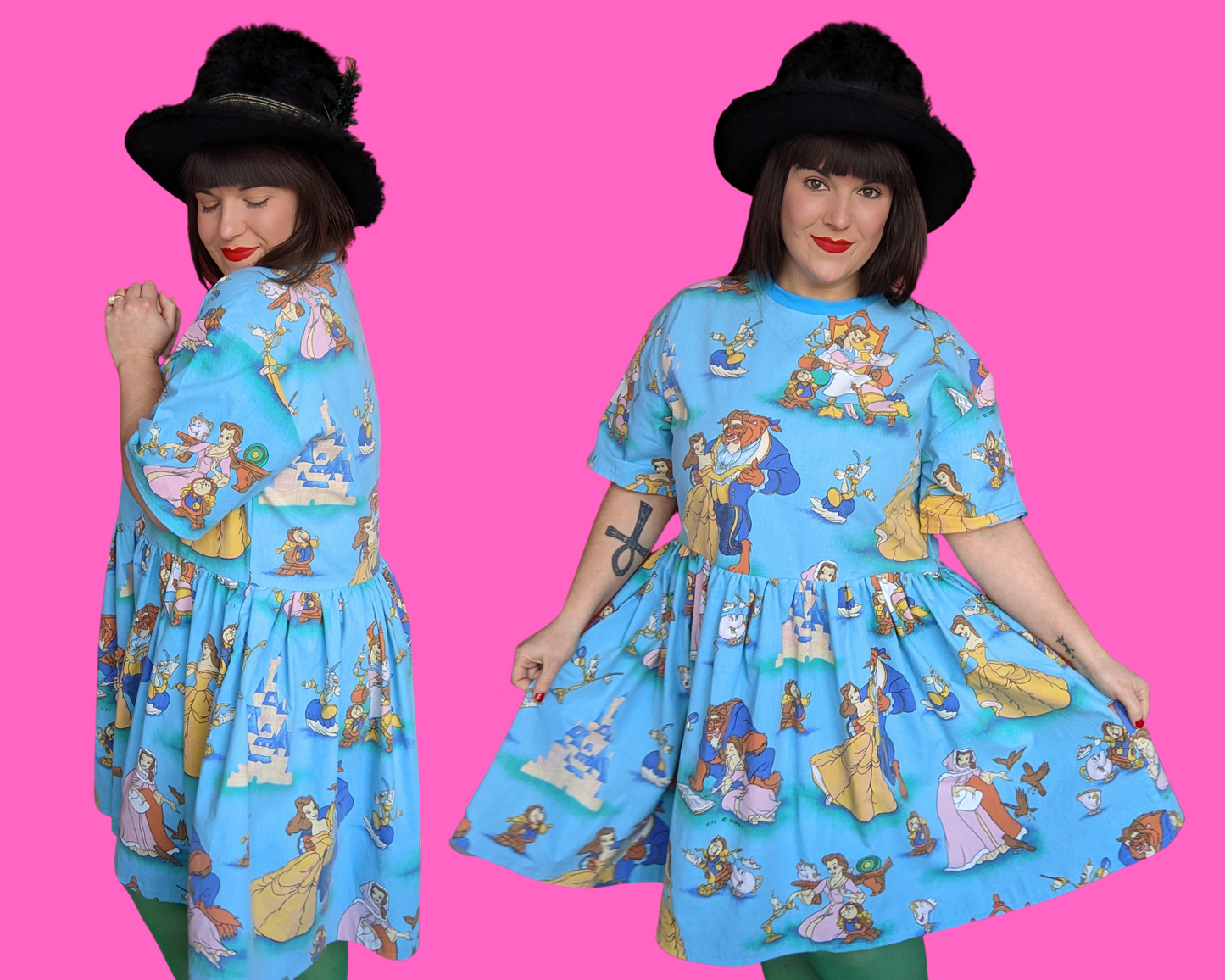 Handmade, Upcycled Disney Beauty and the Beast Bedsheet T-Shirt Dress Fits S-M-L-XL