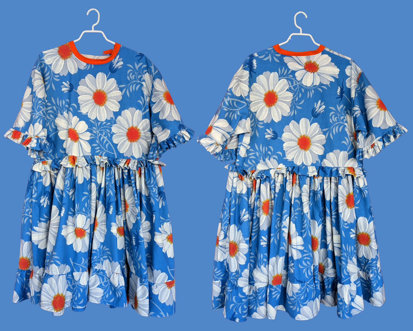 Robe t-shirt longue à motifs bleus et marguerites des années 1970 recyclée à la main et recyclée pour SML-XL