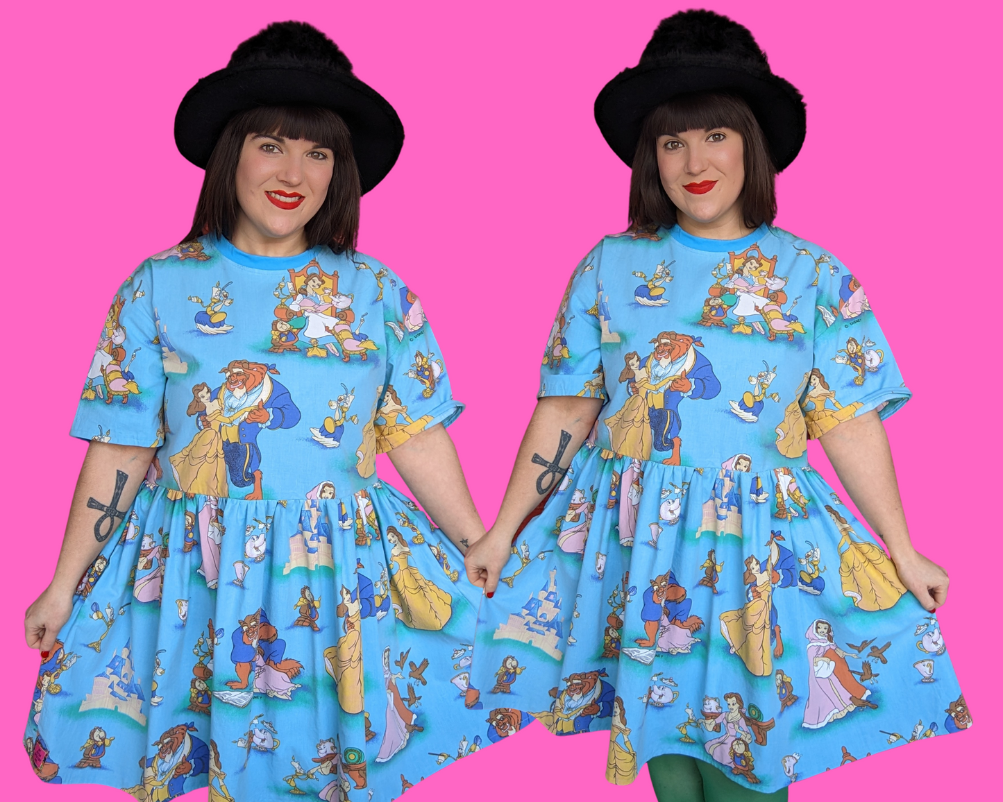 Handmade, Upcycled Disney Beauty and the Beast Bedsheet T-Shirt Dress Fits S-M-L-XL