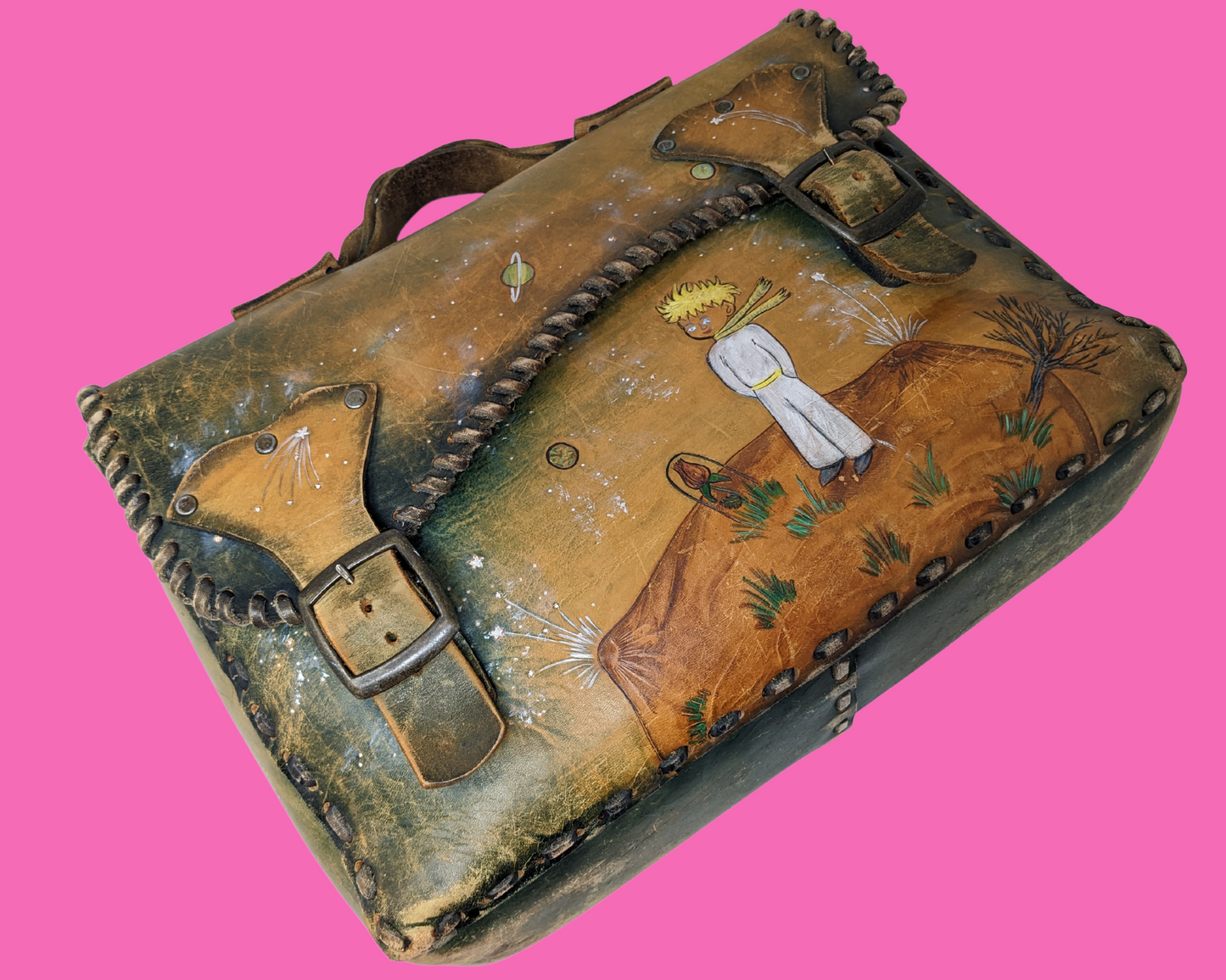 Vintage 1970's Genuine Leather Messenger Bag with Hand Carved Illustration of Le Petit Prince (The Little Prince) from Antoine de Saint-Exupéry