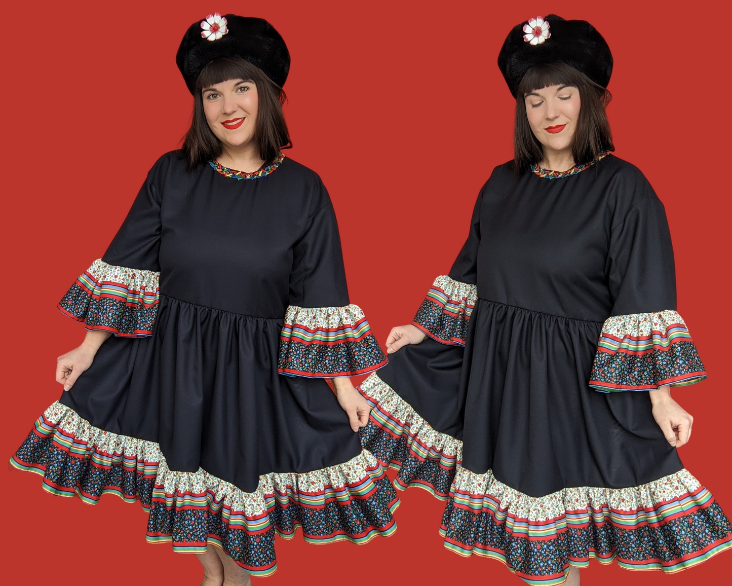 Handmade, Upcycled Black Fabric with Vintage 1970's Floral Fabric T-Shirt Dress Fits S-M-L-XL