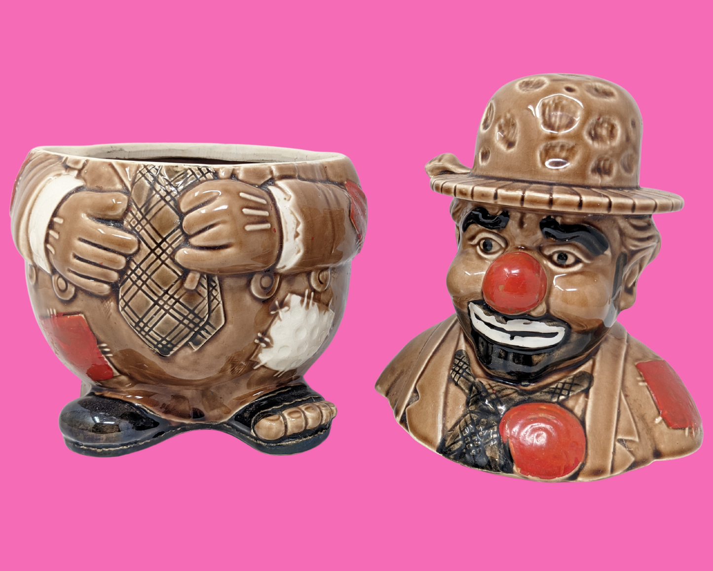 Pot à biscuits peint à la main Hobo Clown vintage des années 1960 fabriqué au Japon importé par Woolworth
