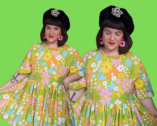 Handmade, Upcycled Vintage 1960's Green Floral Bedsheet Dress Size XL
