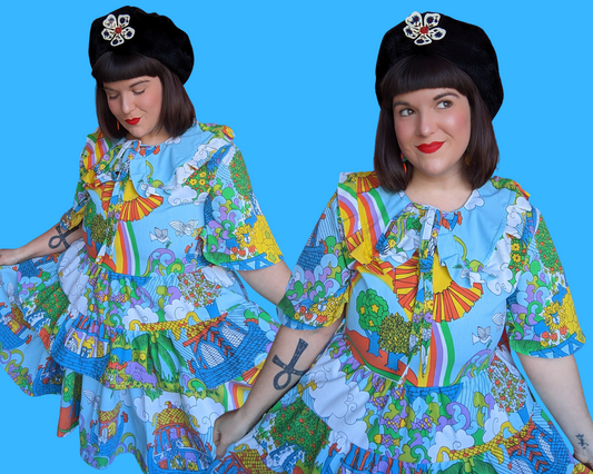 Handmade, Upcycled Vintage 1970's Colorful, Groovy, Noah's Ark Bedsheet Dress with Matching Detachable Collar Size L