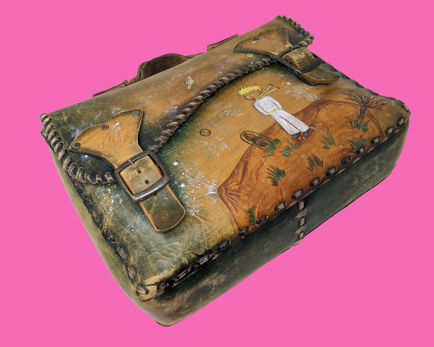 Vintage 1970's Genuine Leather Messenger Bag with Hand Carved Illustration of Le Petit Prince (The Little Prince) from Antoine de Saint-Exupéry