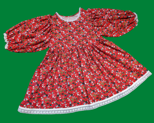 Handmade, Upcycled Vintage 1990's Christmas Fabric, Long Sleeve Dress with Lace Details Size L-XL