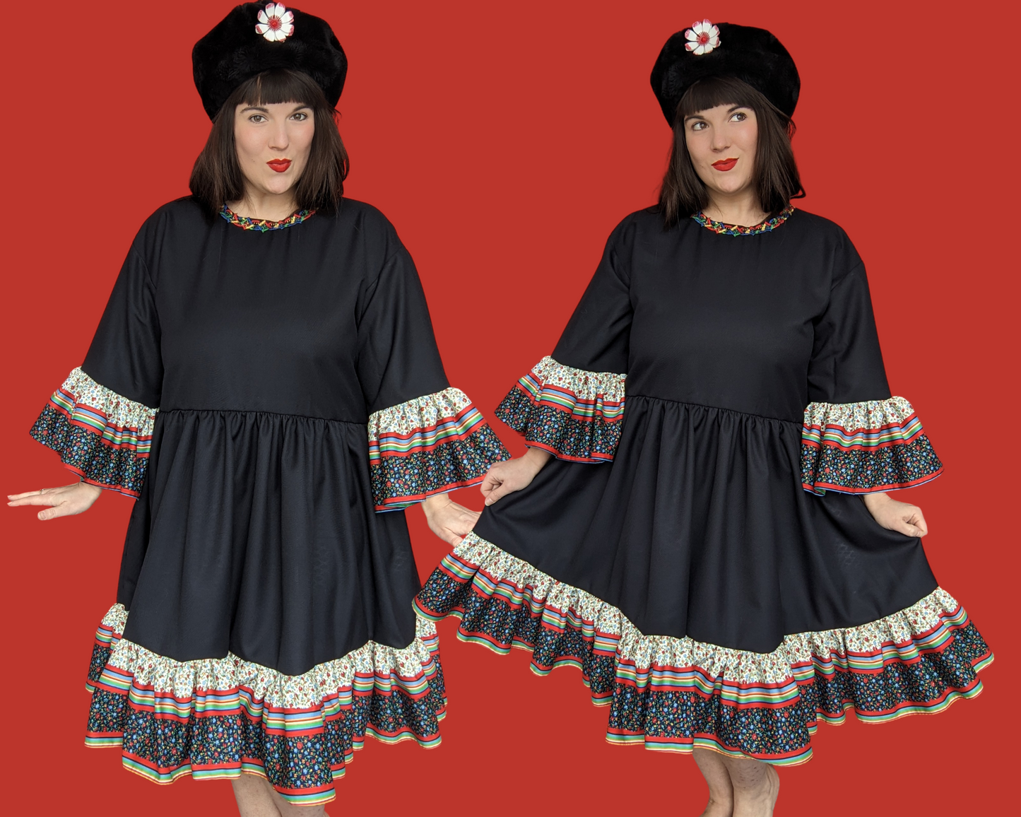 Handmade, Upcycled Black Fabric with Vintage 1970's Floral Fabric T-Shirt Dress Fits S-M-L-XL