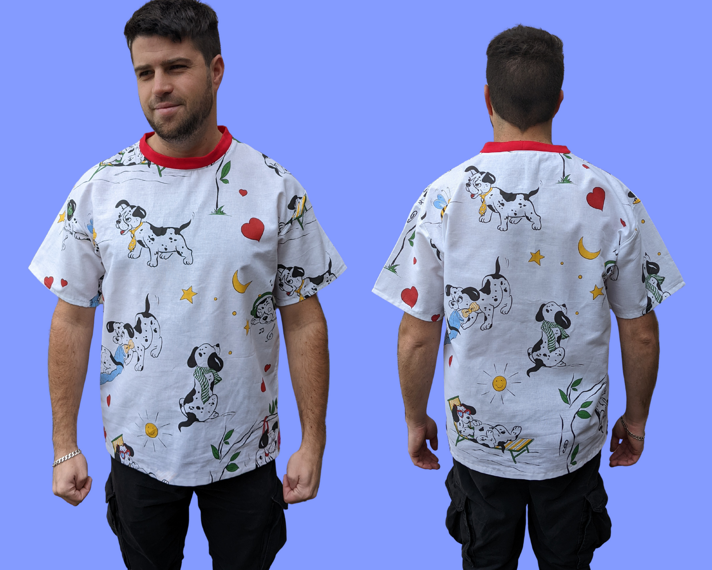 Fait à la main, Upcycled Vintage 1990's Dalmatian Puppies Bedsheet T-Shirt Oversize XS - Convient comme une taille M