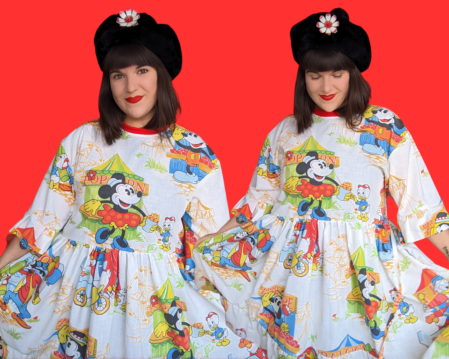 Handmade, Upcycled Disney Mickey Mouse and the Gang at The Carnival Bedsheet T-Shirt Dress Fits S-M-L-XL
