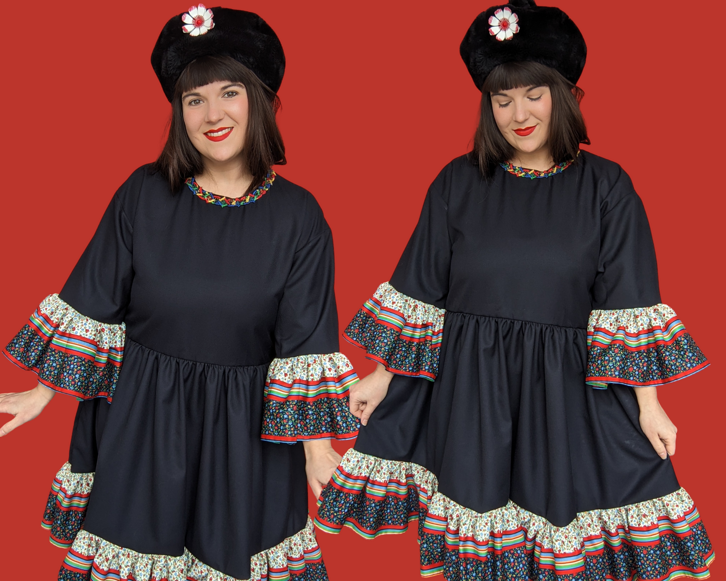 Handmade, Upcycled Black Fabric with Vintage 1970's Floral Fabric T-Shirt Dress Fits S-M-L-XL