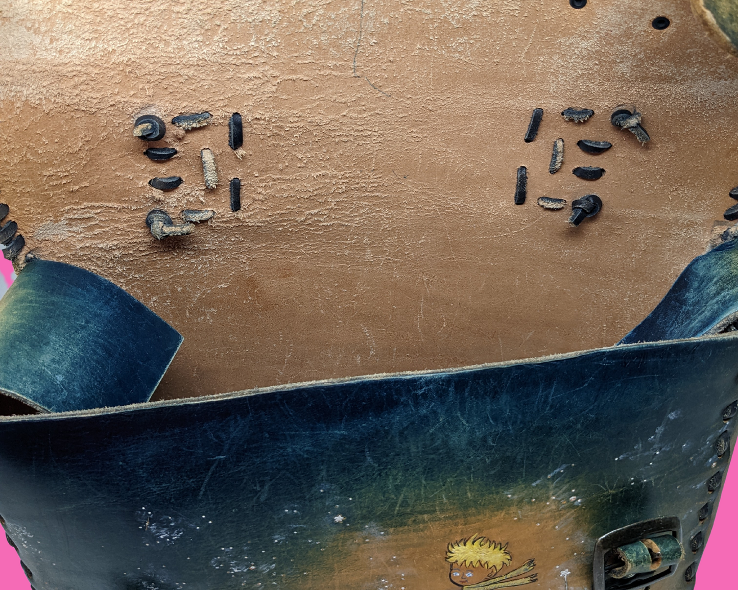 Vintage 1970's Genuine Leather Messenger Bag with Hand Carved Illustration of Le Petit Prince (The Little Prince) from Antoine de Saint-Exupéry