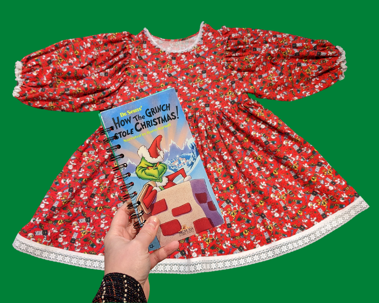 Handmade, Upcycled Vintage 1990's Christmas Fabric, Long Sleeve Dress with Lace Details Size L-XL