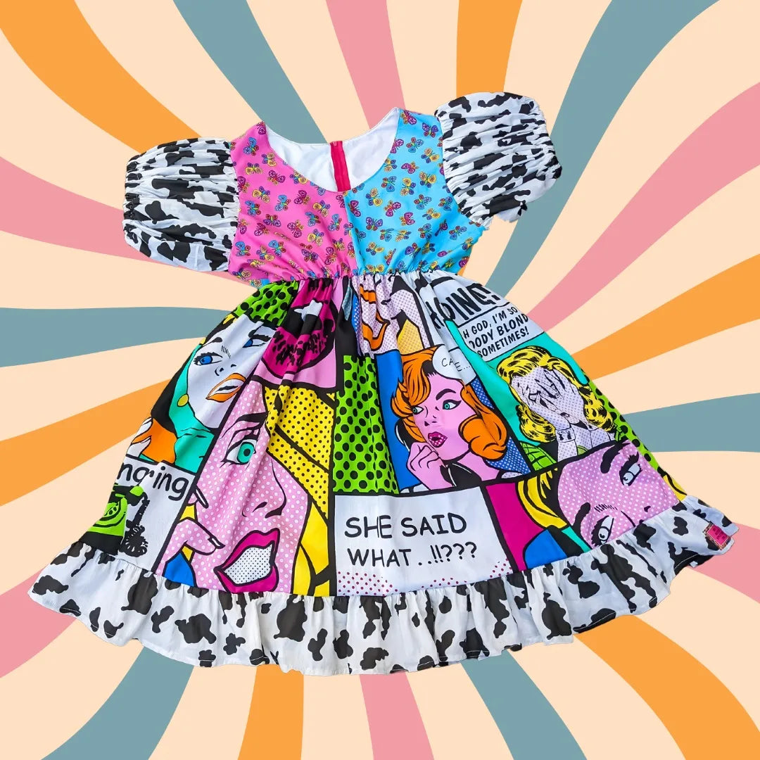Handmade, Upcycled Vintage Pop Art Fabric and Pink/Blue Butterflies Dress, Cow Print Puffy Sleeves and Ruffled Trim Size L/XL