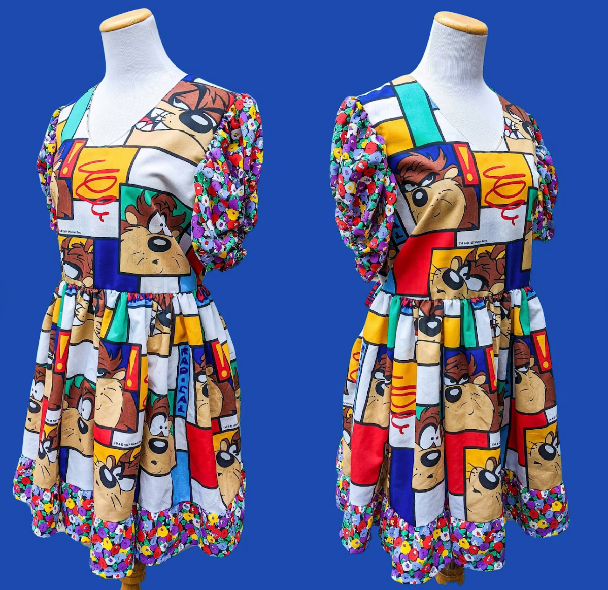 Handmade, Upcycled Vintage 1997 Looney Tunes, Taz, Bedsheets Dress, Short Puffy Sleeves, Silky Floral Fabric Size L-XL