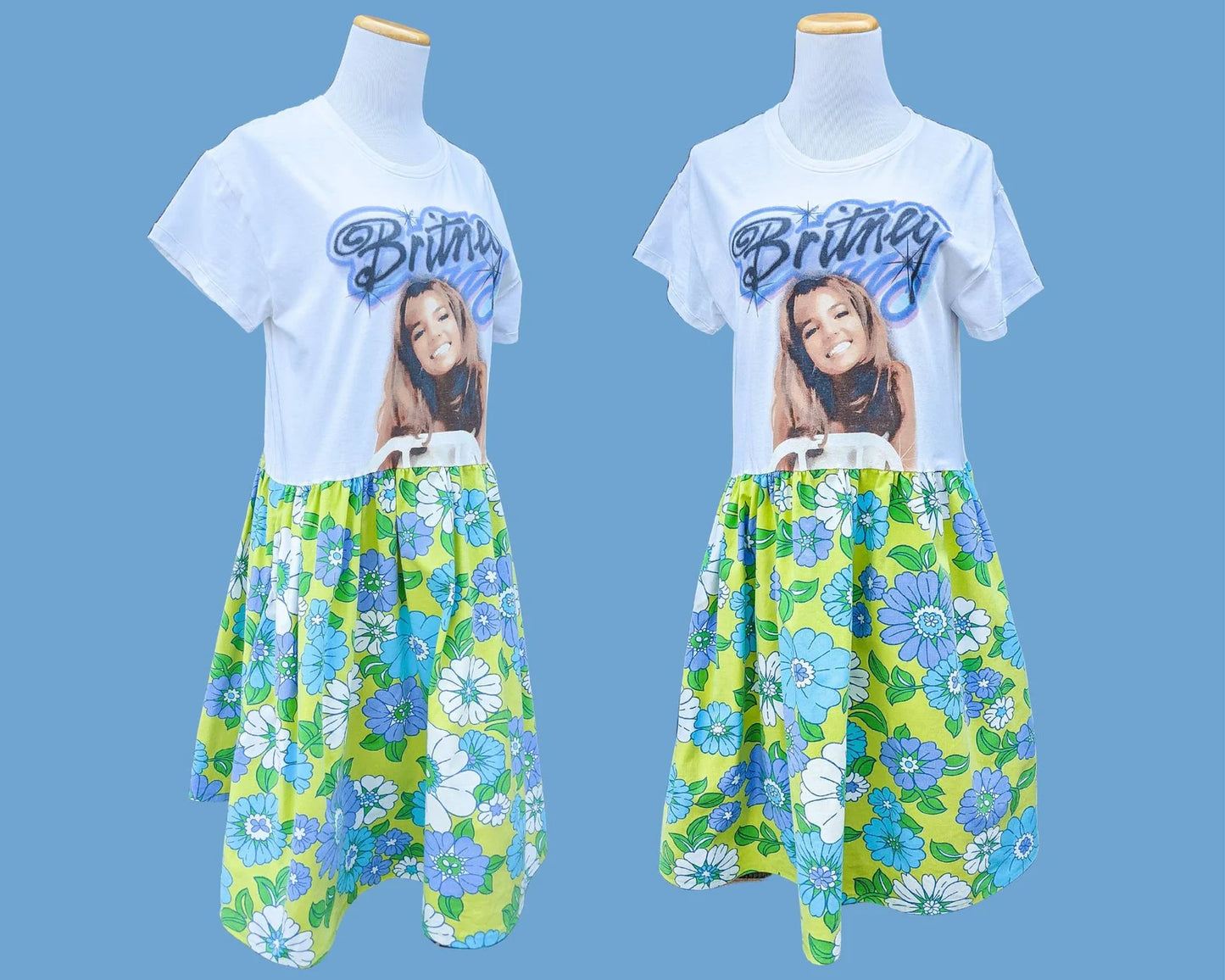 Fait à la main, Upcycled Britney Spears T-Shirt Dress, Vintage 1970's Floral Pattern Bedsheets Jupe Taille M