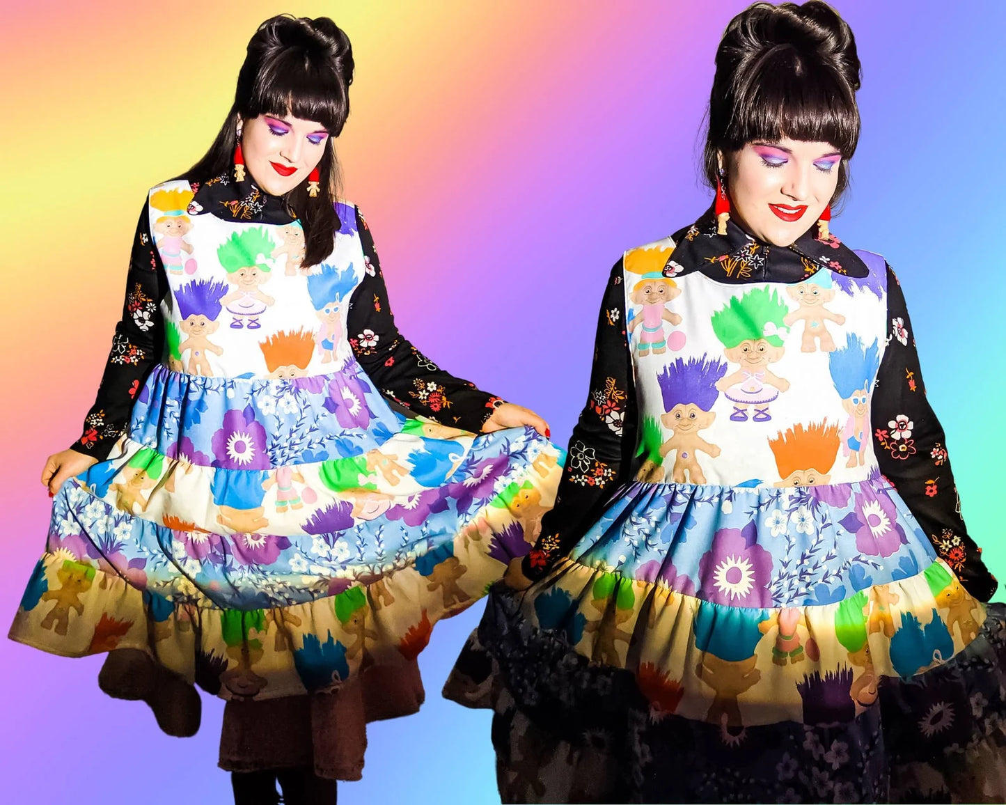 Handmade, Upcycled Official Trolls Vintage 1992 Bedsheet Mixed-Matched Dress, 4 Layers Skirt with Pockets Size L