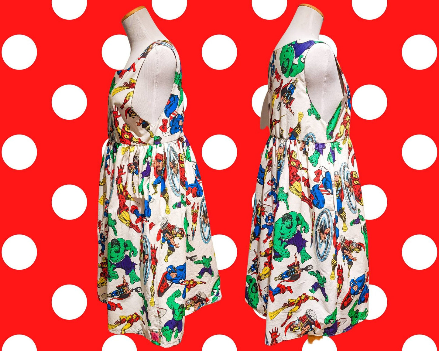 Handmade, Upcycled Avengers Marvel Official Bedsheet Dress Size S, With Pockets and Lined Bodice