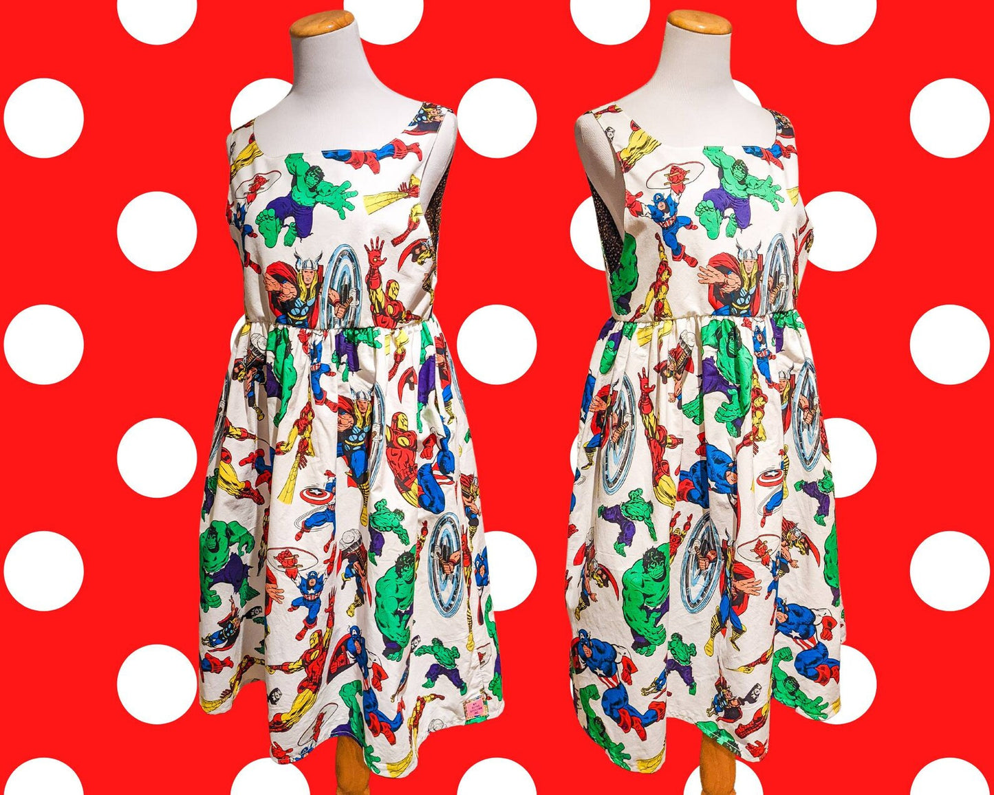 Handmade, Upcycled Avengers Marvel Official Bedsheet Dress Size S, With Pockets and Lined Bodice