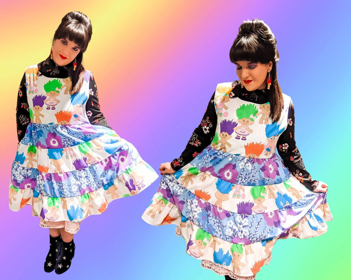 Handmade, Upcycled Official Trolls Vintage 1992 Bedsheet Mixed-Matched Dress, 4 Layers Skirt with Pockets Size L