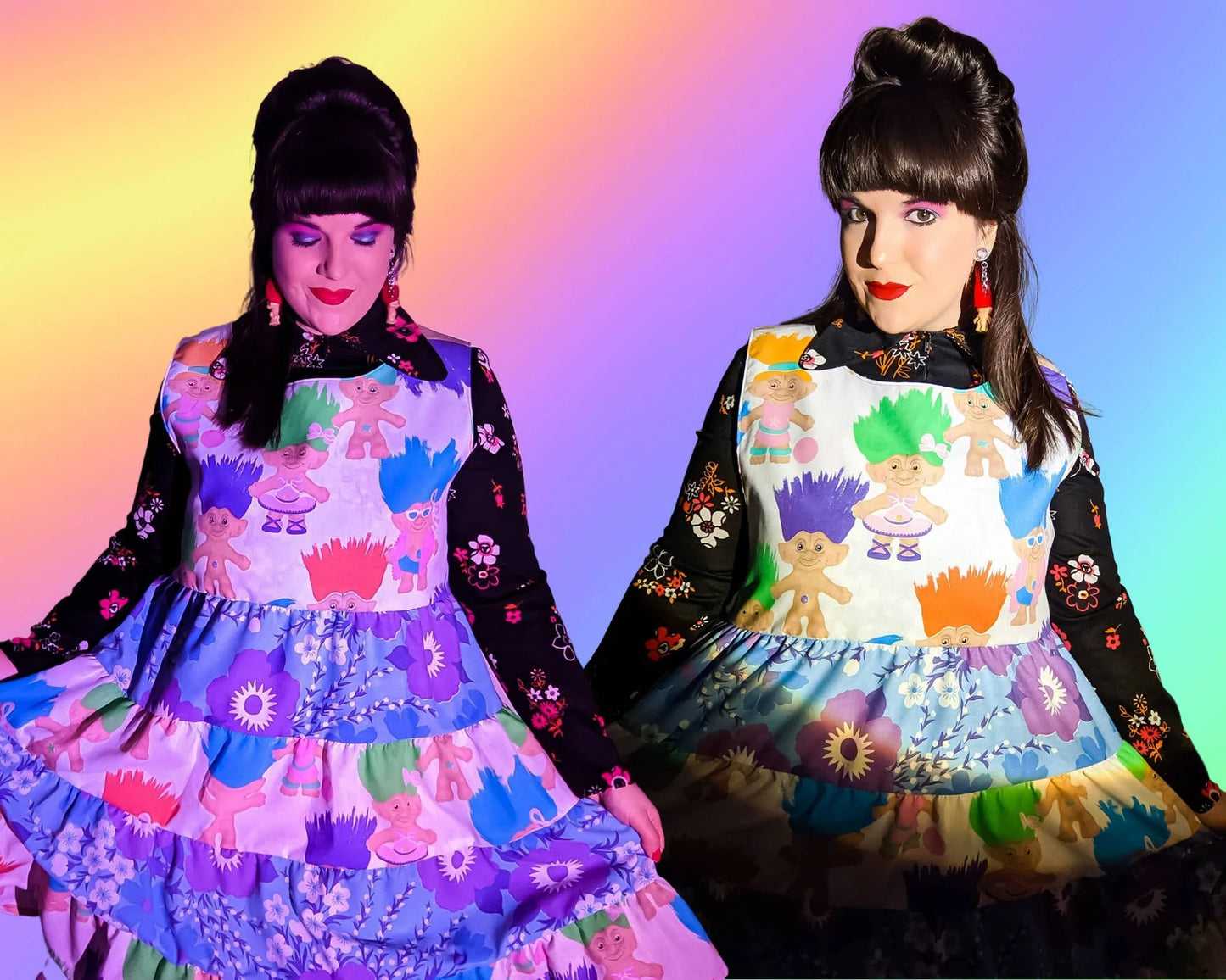 Handmade, Upcycled Official Trolls Vintage 1992 Bedsheet Mixed-Matched Dress, 4 Layers Skirt with Pockets Size L