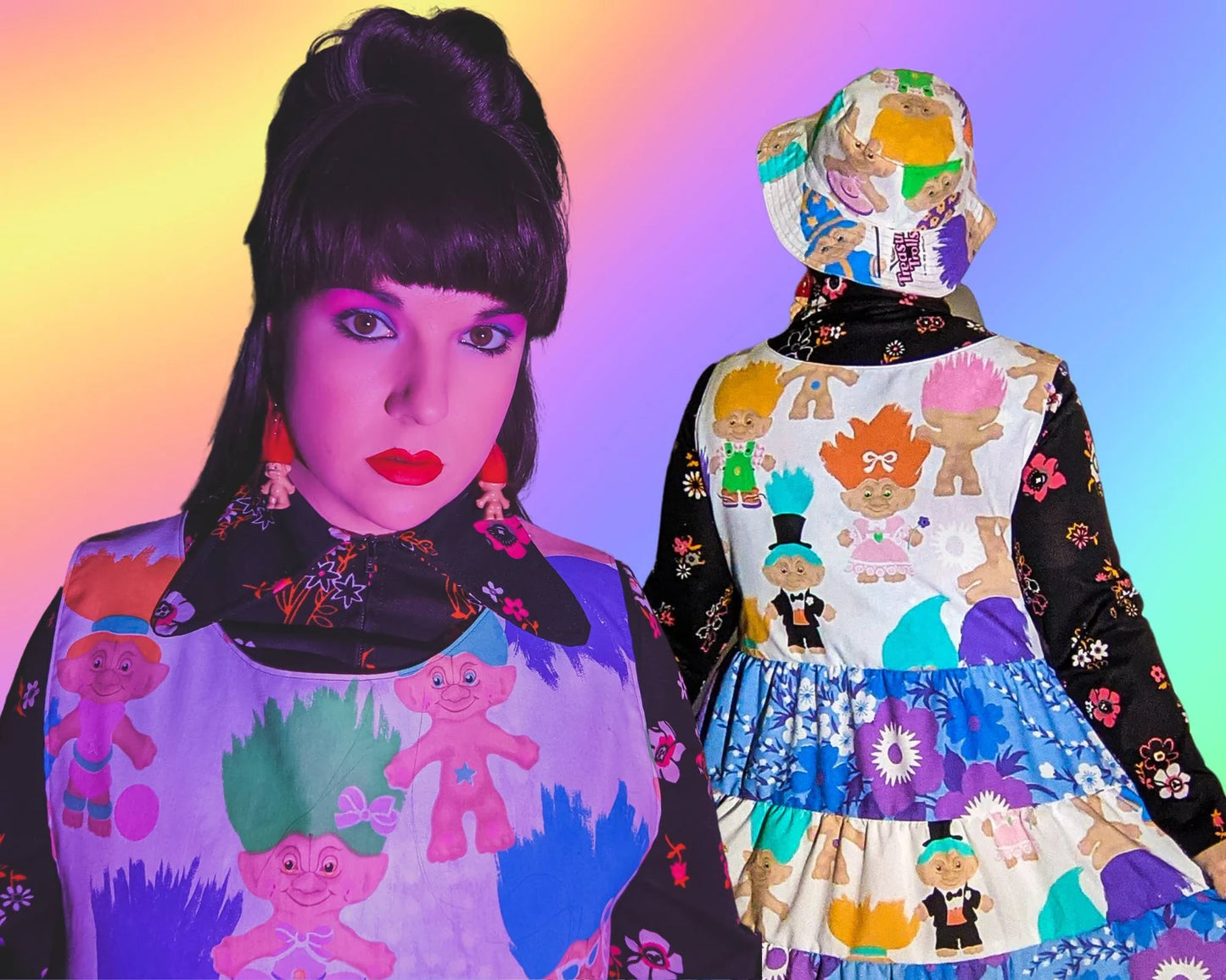 Handmade, Upcycled Official Trolls Vintage 1992 Bedsheet Mixed-Matched Dress, 4 Layers Skirt with Pockets Size L