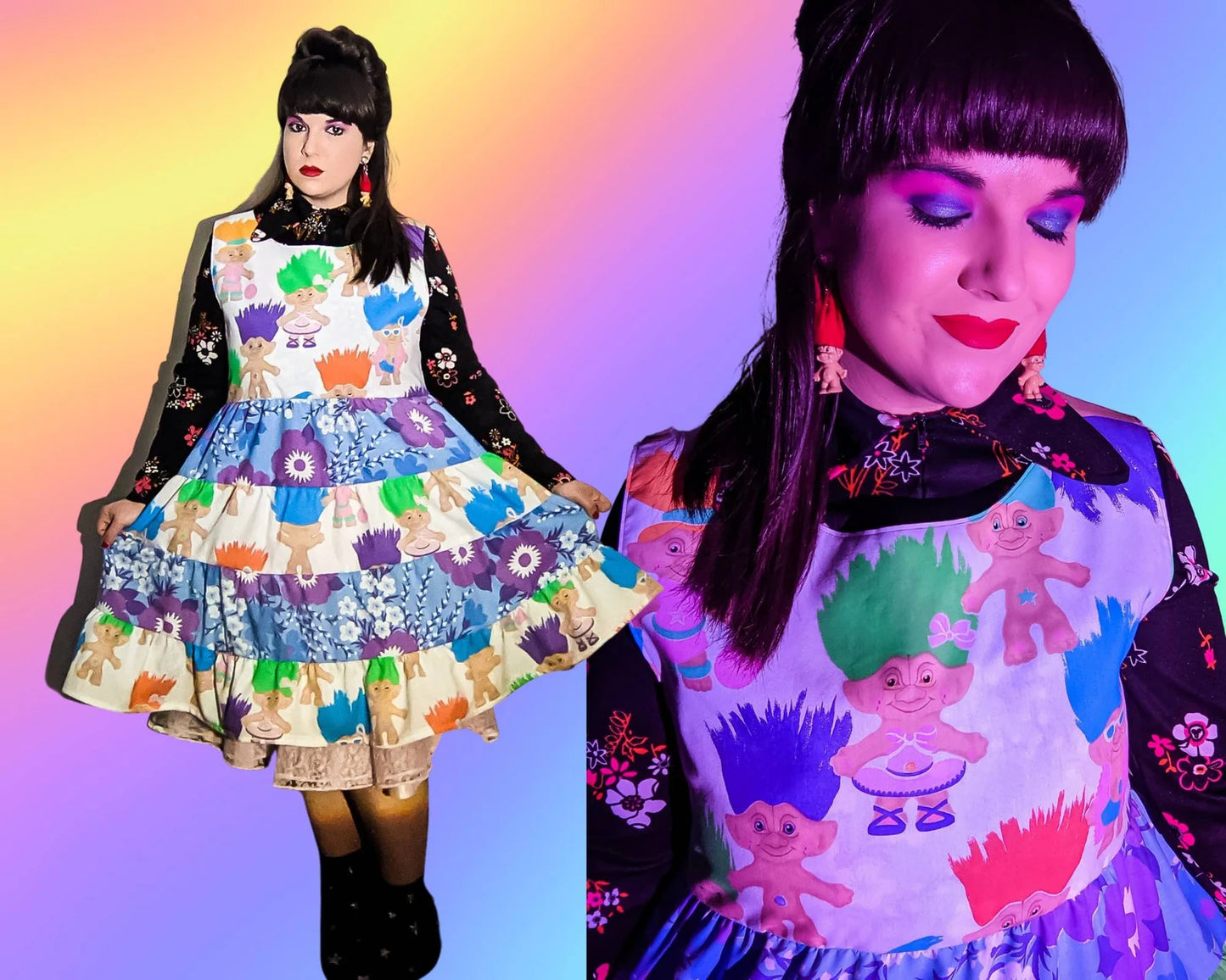Handmade, Upcycled Official Trolls Vintage 1992 Bedsheet Mixed-Matched Dress, 4 Layers Skirt with Pockets Size L