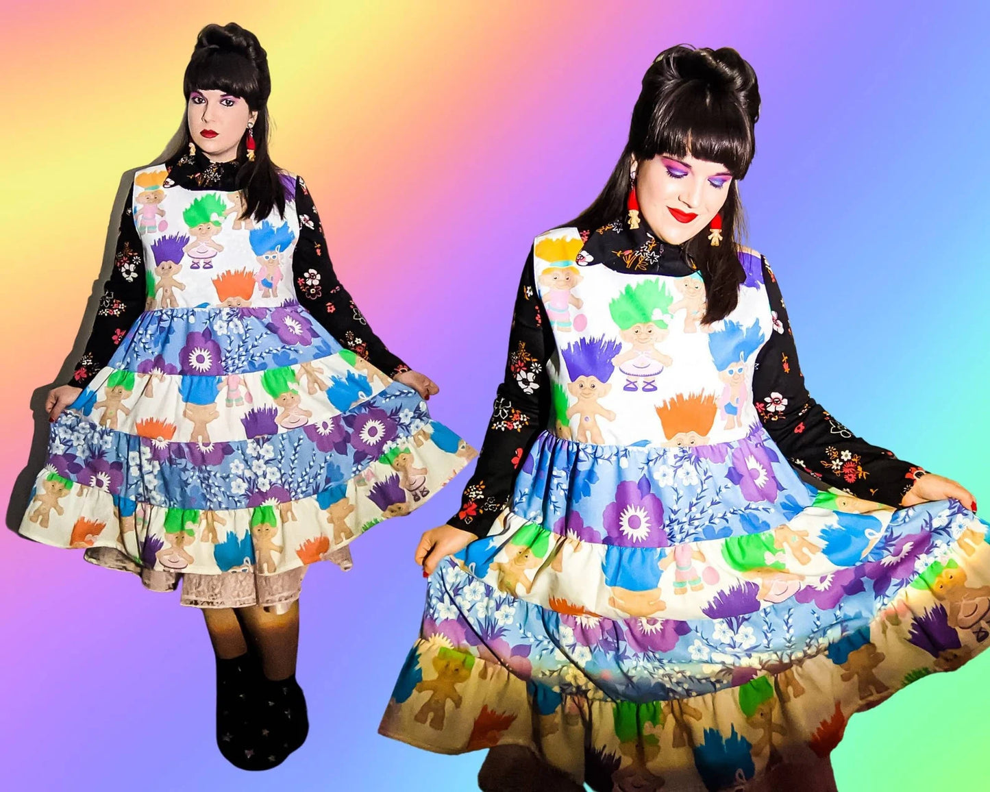 Handmade, Upcycled Official Trolls Vintage 1992 Bedsheet Mixed-Matched Dress, 4 Layers Skirt with Pockets Size L