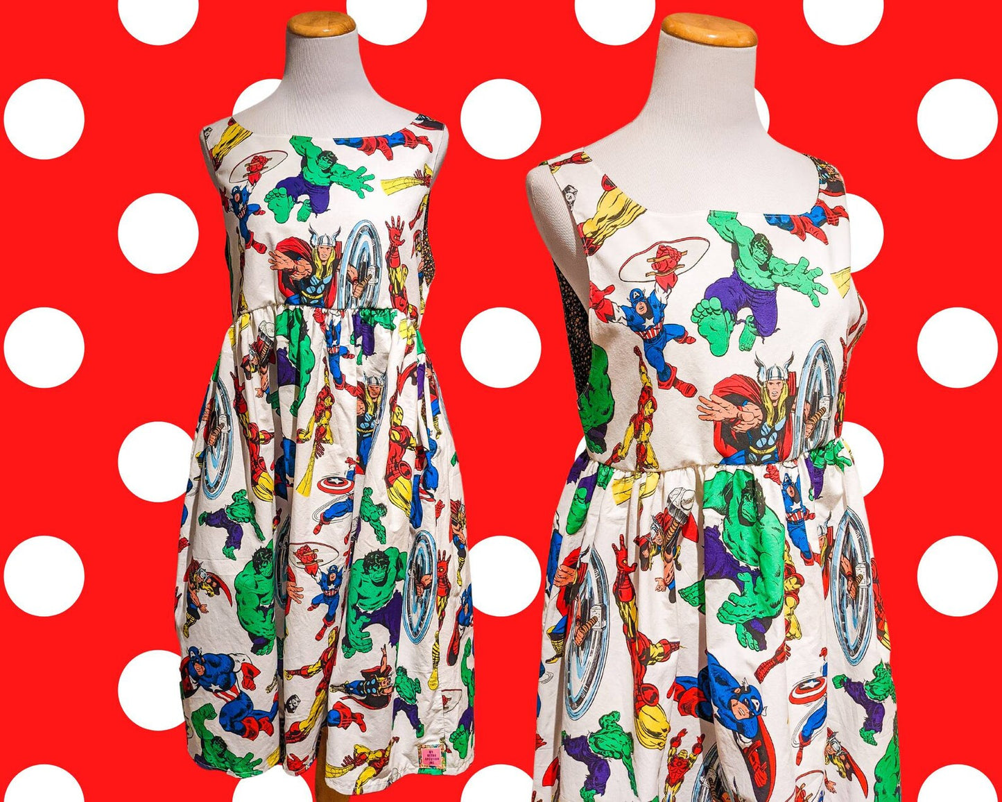 Handmade, Upcycled Avengers Marvel Official Bedsheet Dress Size S, With Pockets and Lined Bodice