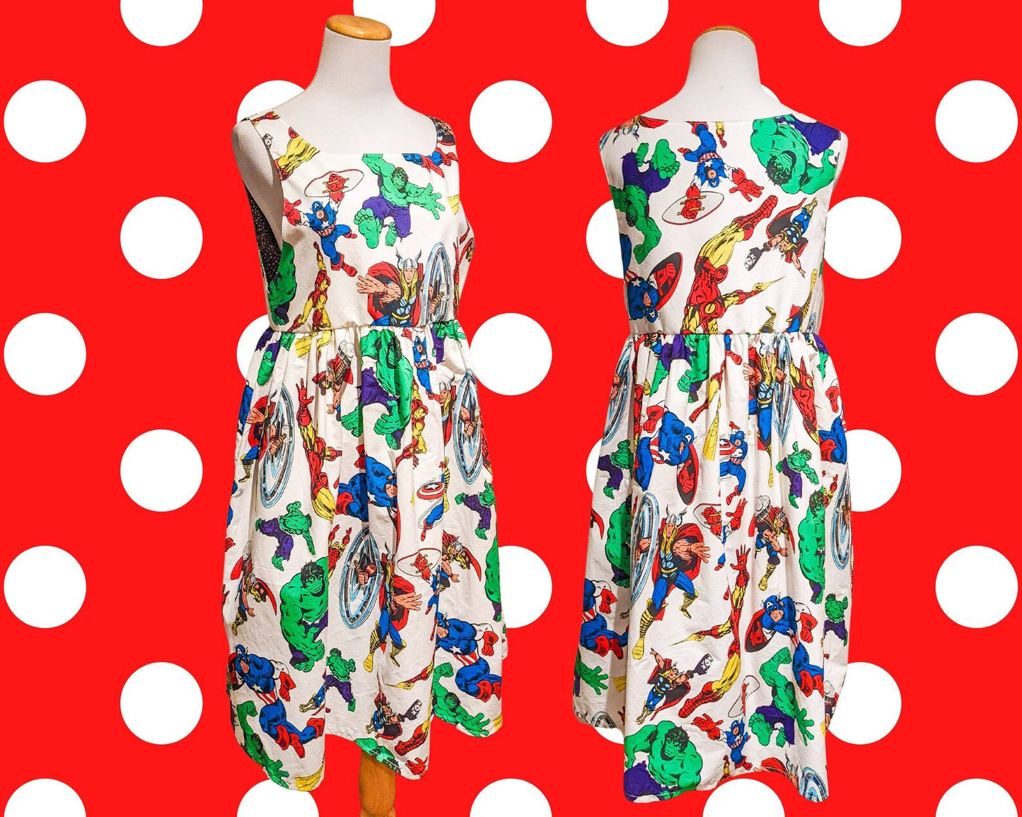 Handmade, Upcycled Avengers Marvel Official Bedsheet Dress Size S, With Pockets and Lined Bodice