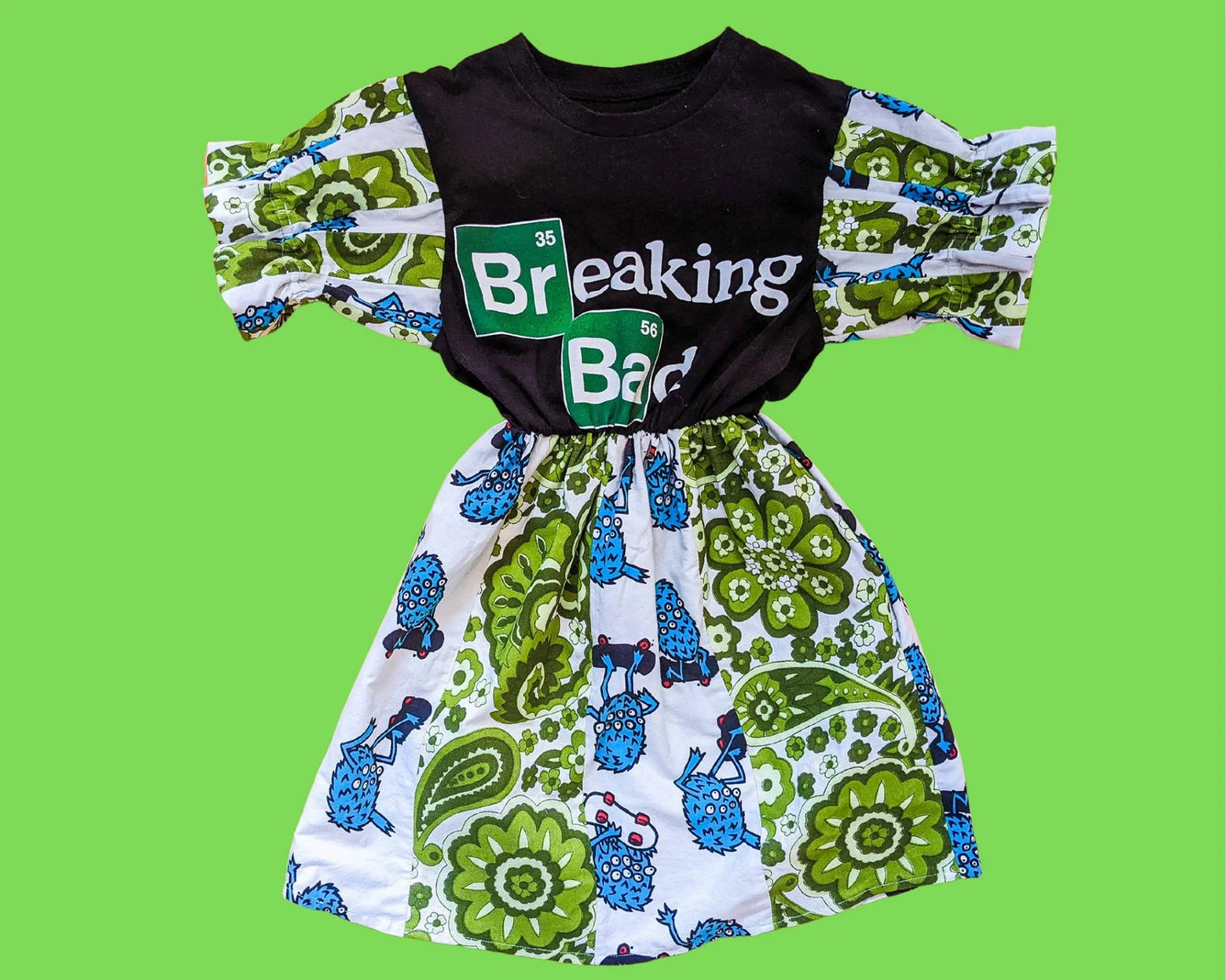 Handmade, Upcycled Breaking Bad T-Shirt Dress, Vintage 1960's Fabric and Blue Little Dudes Bedsheet Skirt and Matching Sleeves Size XS