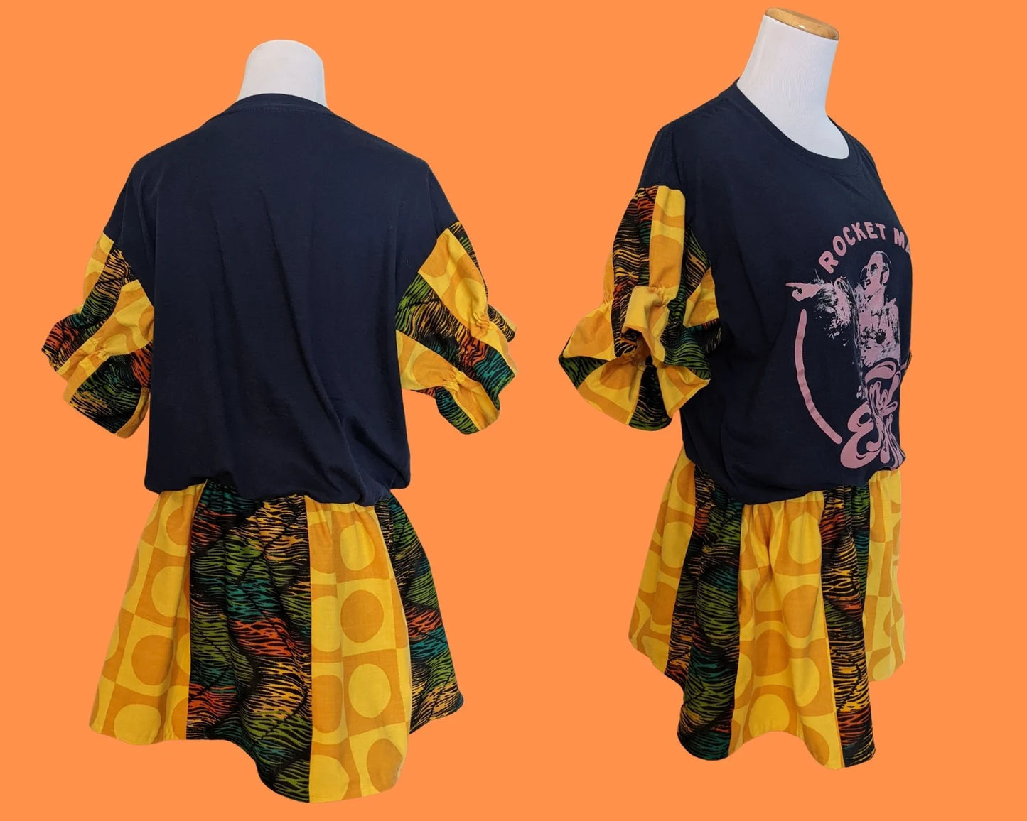 Handmade, Upcycled Elton John T-Shirt Dress, Vintage Fabrics Skirt and Matching Sleeves Size XL