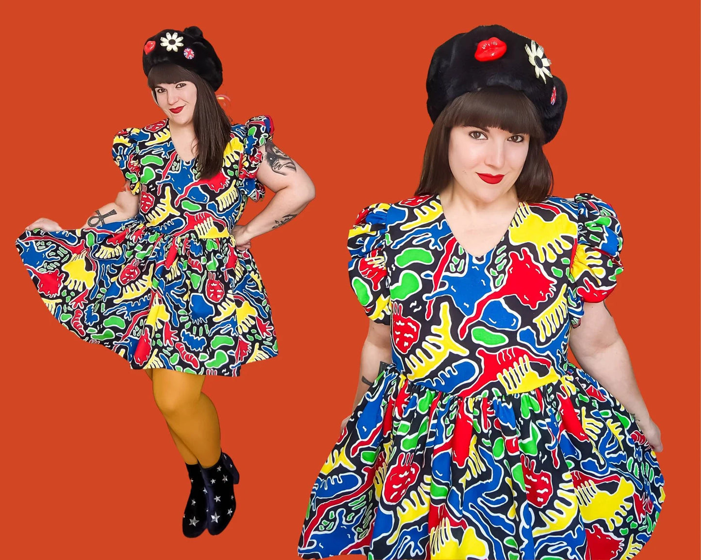 Handmade, Upcycled Black and Rainbow Colours, Retro Mini Dress, Short Puffy Sleeves Size L-XL