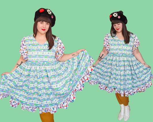 Robe inspirée du prince de Bel Air faite à la main, rétro recyclée, colorée et fraîche, manches courtes bouffantes Taille L-XL