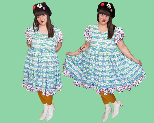Robe inspirée du prince de Bel Air faite à la main, rétro recyclée, colorée et fraîche, manches courtes bouffantes Taille L-XL