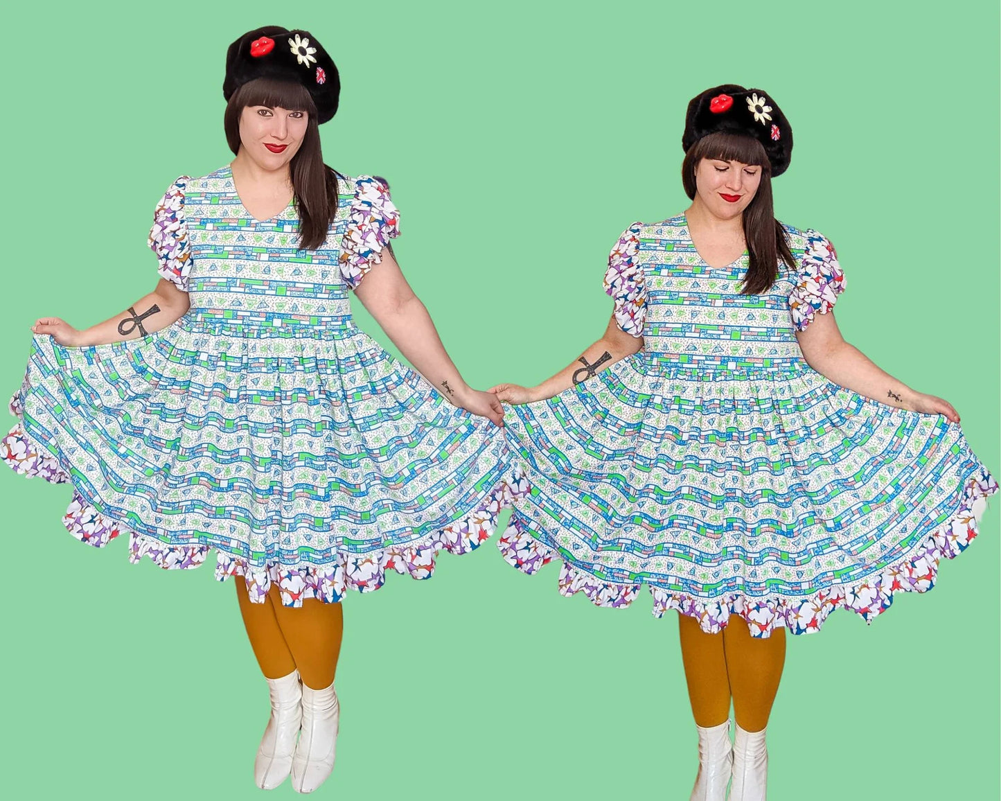 Handmade, Upcycled Retro, Colourful, Fresh Prince of Bel Air Inspired Dress, Short Puffy Sleeves Size L-XL