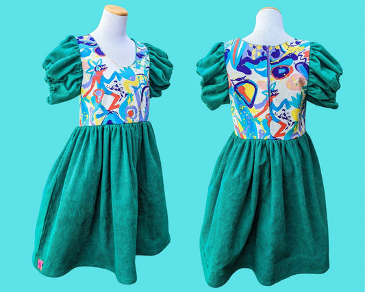 Handmade, Upcycled Emerald Green Corduroy Fabric and Official Quicksilver Colourful Fabric Dress, Short Puffy Sleeves Size S-M