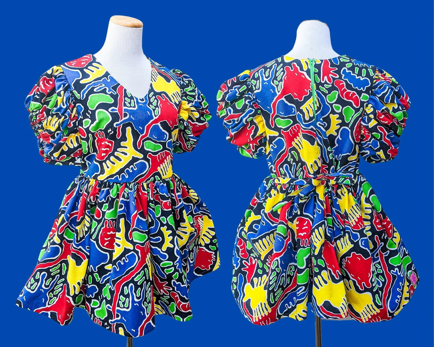 Handmade, Upcycled Black and Rainbow Colours, Retro Mini Dress, Short Puffy Sleeves Size L-XL