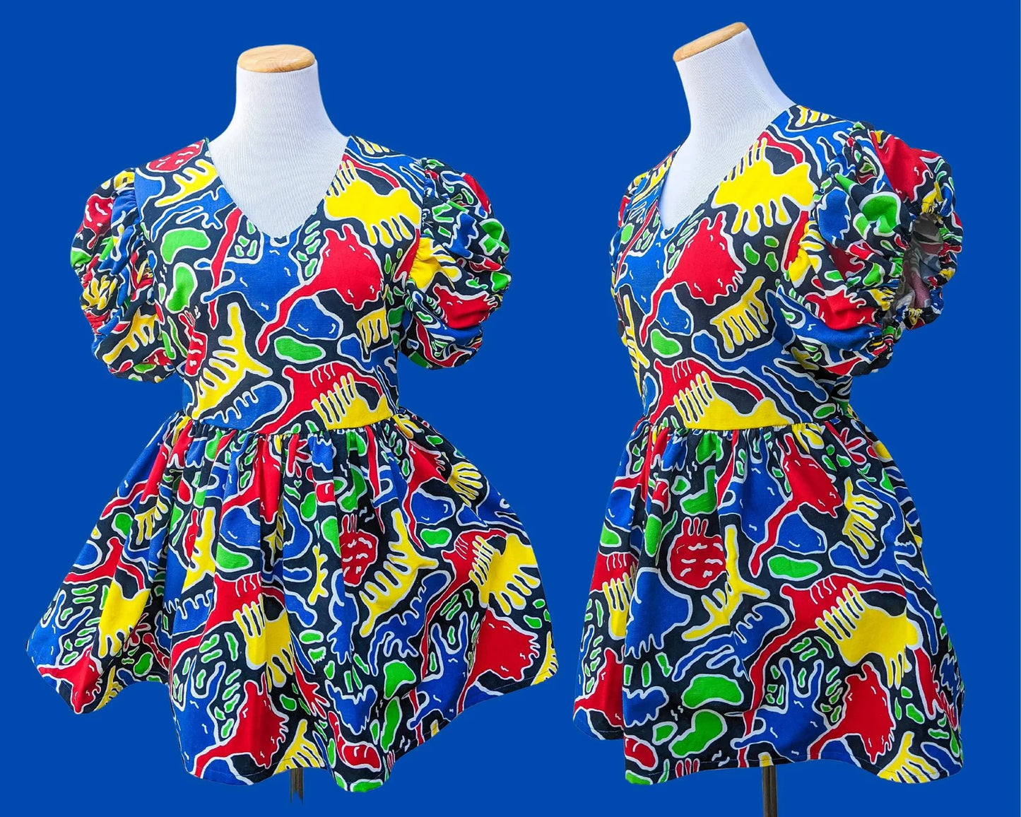Handmade, Upcycled Black and Rainbow Colours, Retro Mini Dress, Short Puffy Sleeves Size L-XL