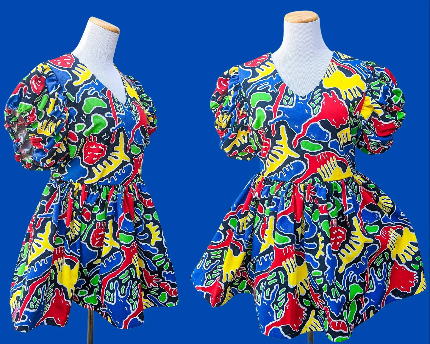 Handmade, Upcycled Black and Rainbow Colours, Retro Mini Dress, Short Puffy Sleeves Size L-XL