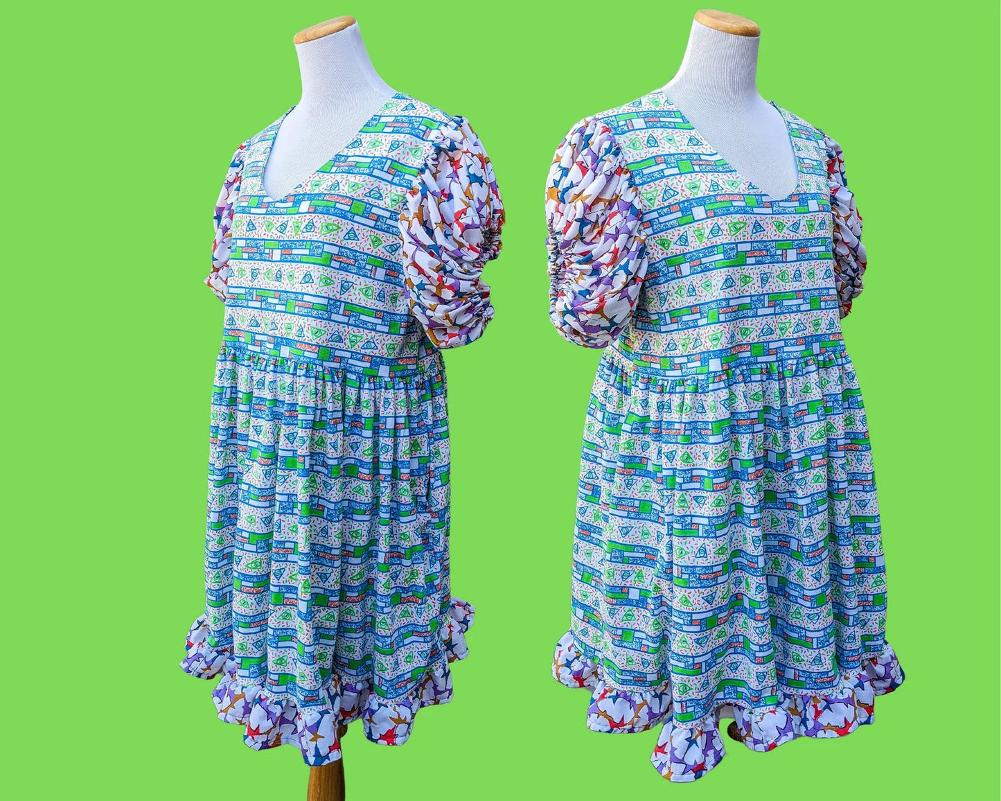 Handmade, Upcycled Retro, Colourful, Fresh Prince of Bel Air Inspired Dress, Short Puffy Sleeves Size L-XL
