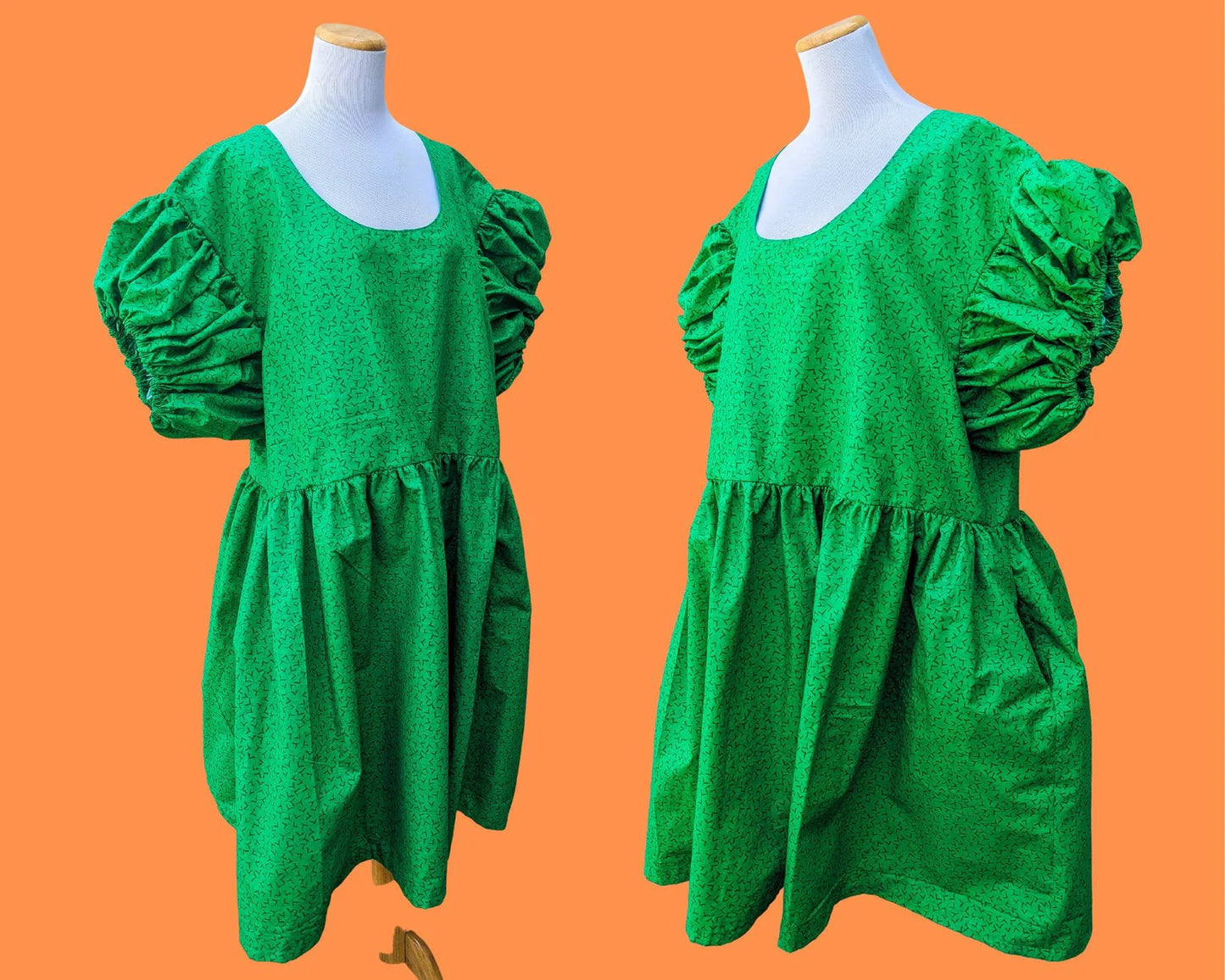 Handmade, Upcycled Emerald Green Dress Plus Size, Short Puffy Sleeves Size 2XL