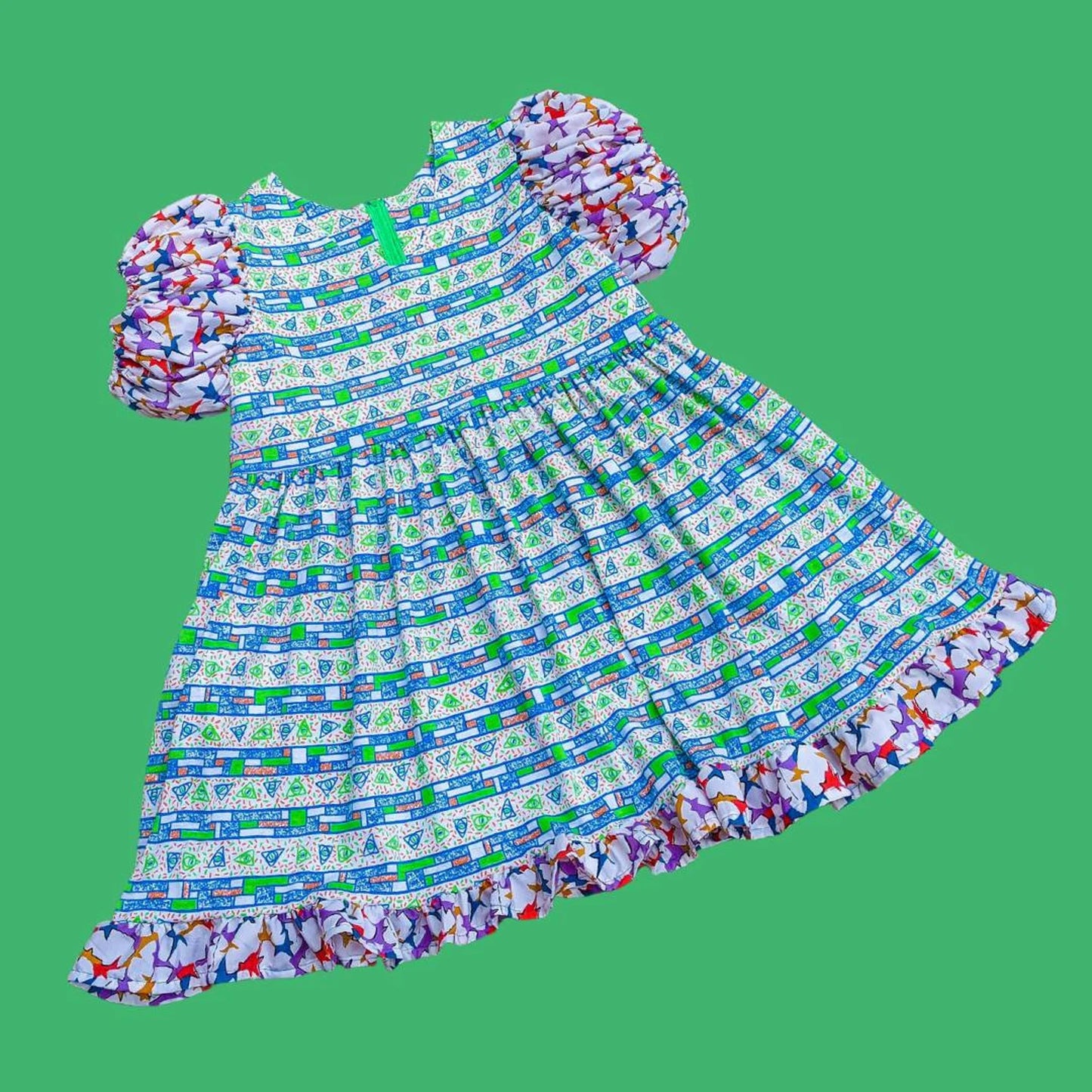 Handmade, Upcycled Retro, Colourful, Fresh Prince of Bel Air Inspired Dress, Short Puffy Sleeves Size L-XL