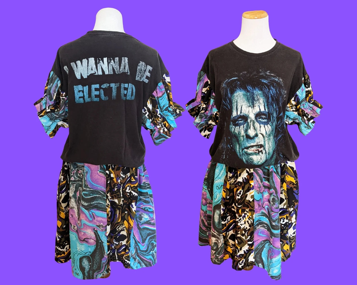 Alice Cooper recyclée à la main, robe t-shirt, jupe en tissus vintage et manches assorties taille L