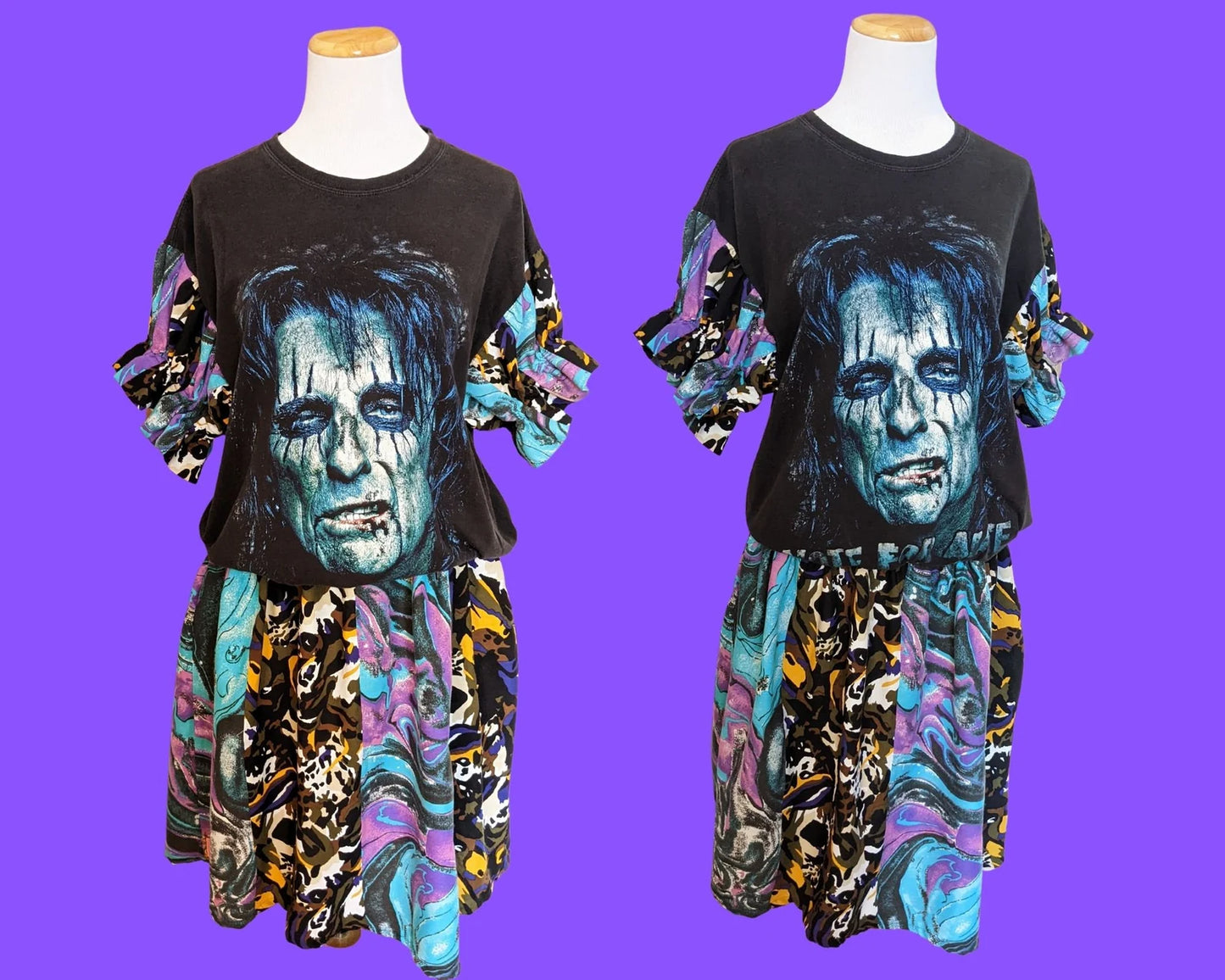 Alice Cooper recyclée à la main, robe t-shirt, jupe en tissus vintage et manches assorties taille L