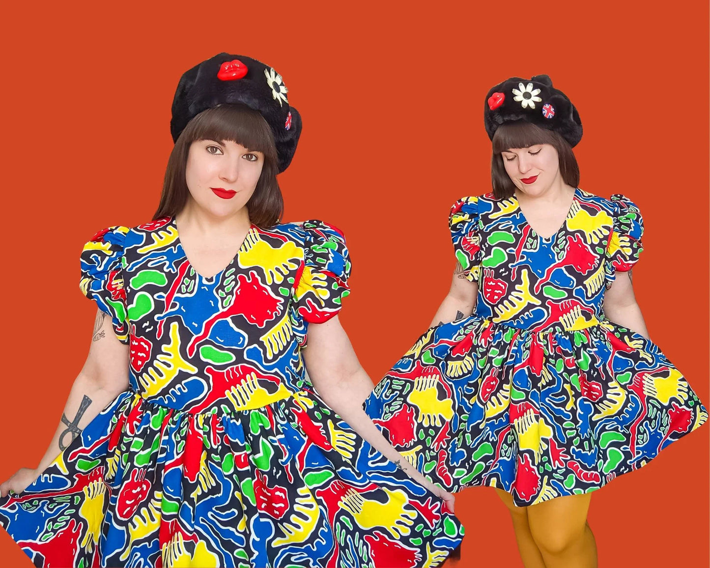 Handmade, Upcycled Black and Rainbow Colours, Retro Mini Dress, Short Puffy Sleeves Size L-XL