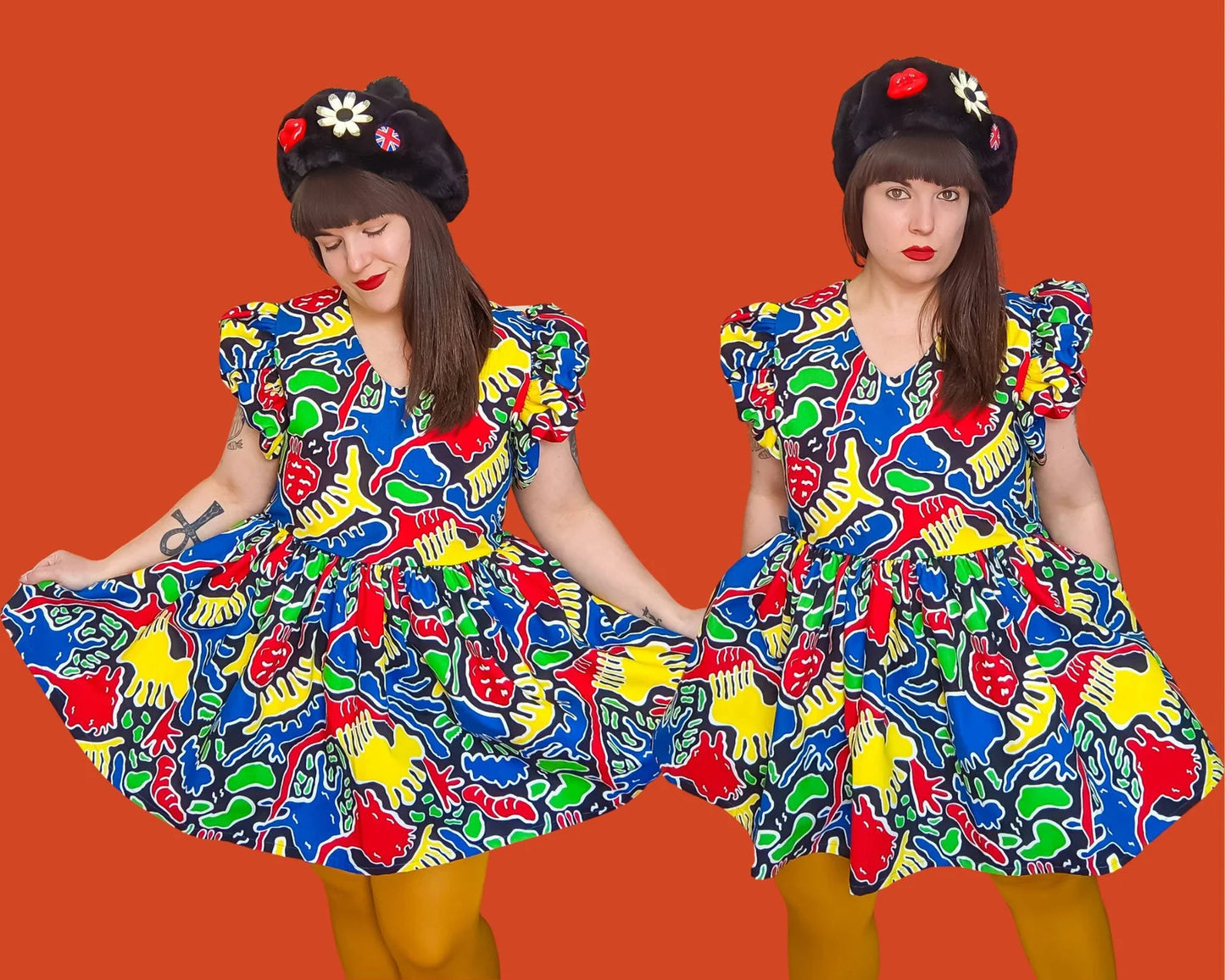 Handmade, Upcycled Black and Rainbow Colours, Retro Mini Dress, Short Puffy Sleeves Size L-XL