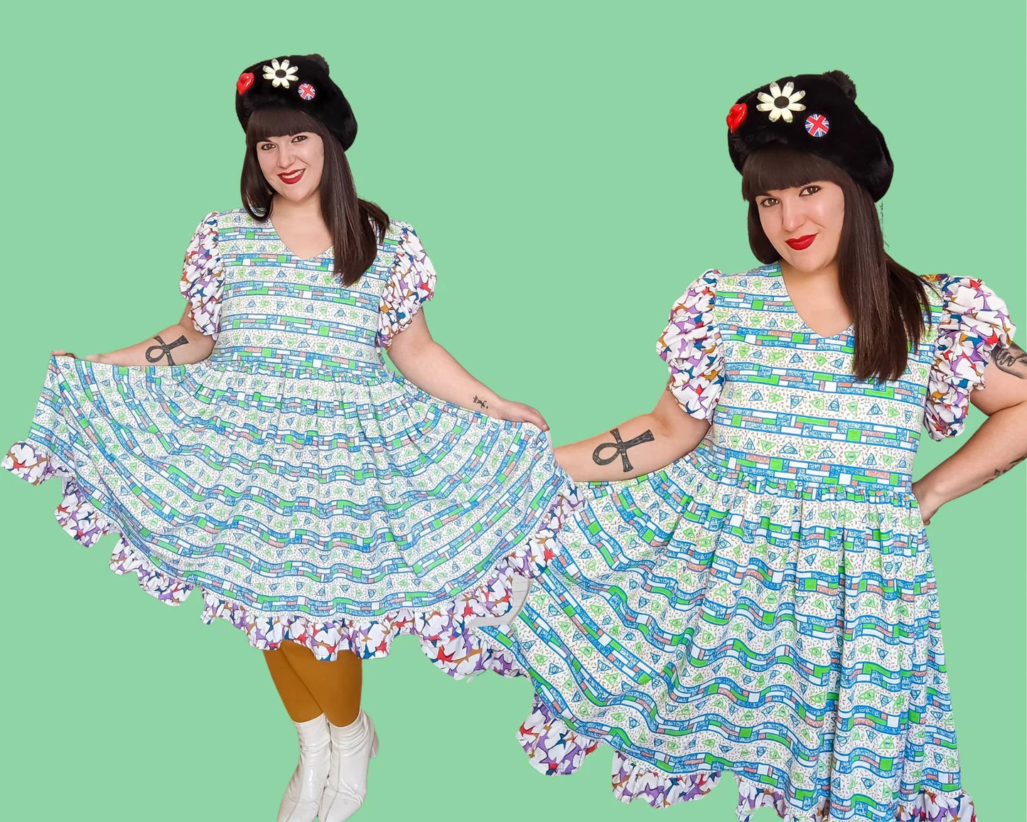 Handmade, Upcycled Retro, Colourful, Fresh Prince of Bel Air Inspired Dress, Short Puffy Sleeves Size L-XL